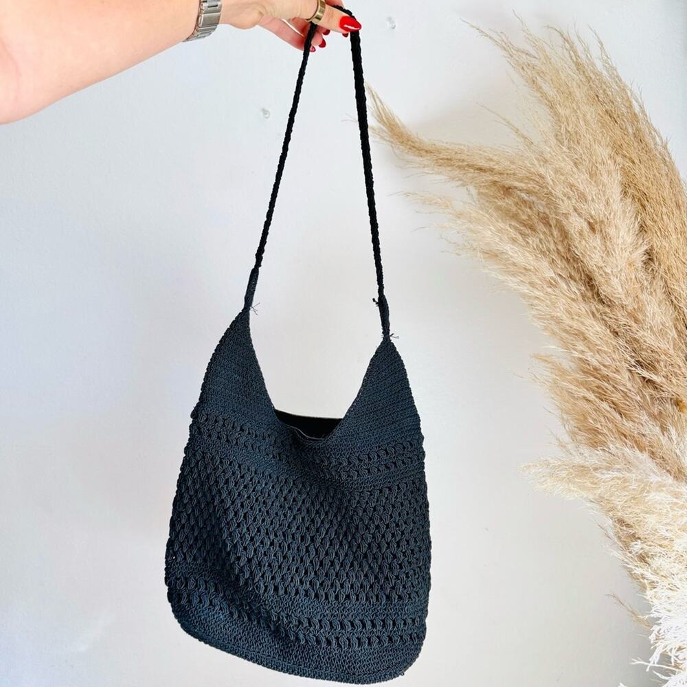 VINTAGE Black Crochet Knit Shoulder Tote Lined Zipper Pocket Boho Bag Coin Purse